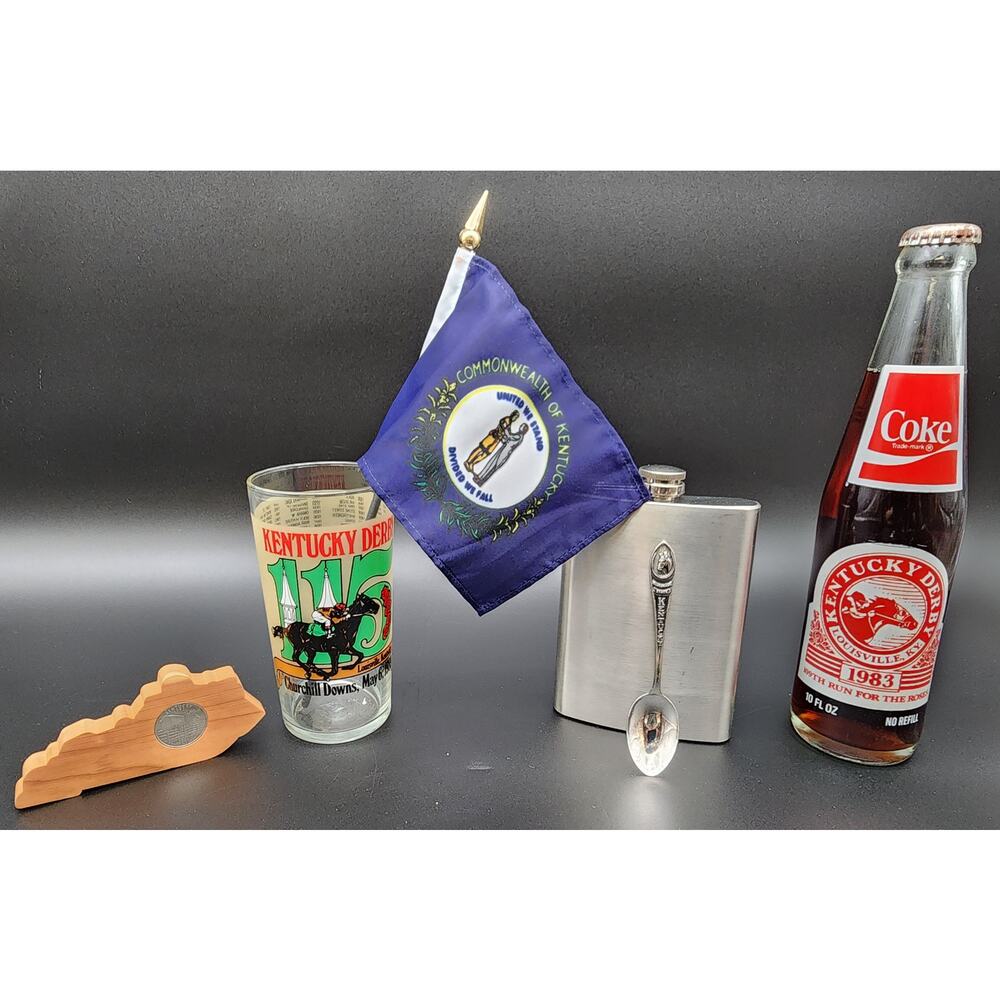 Kentucky Heritage Collectible Set Derby Glass Flag Spoon Flask Coke & Quarter